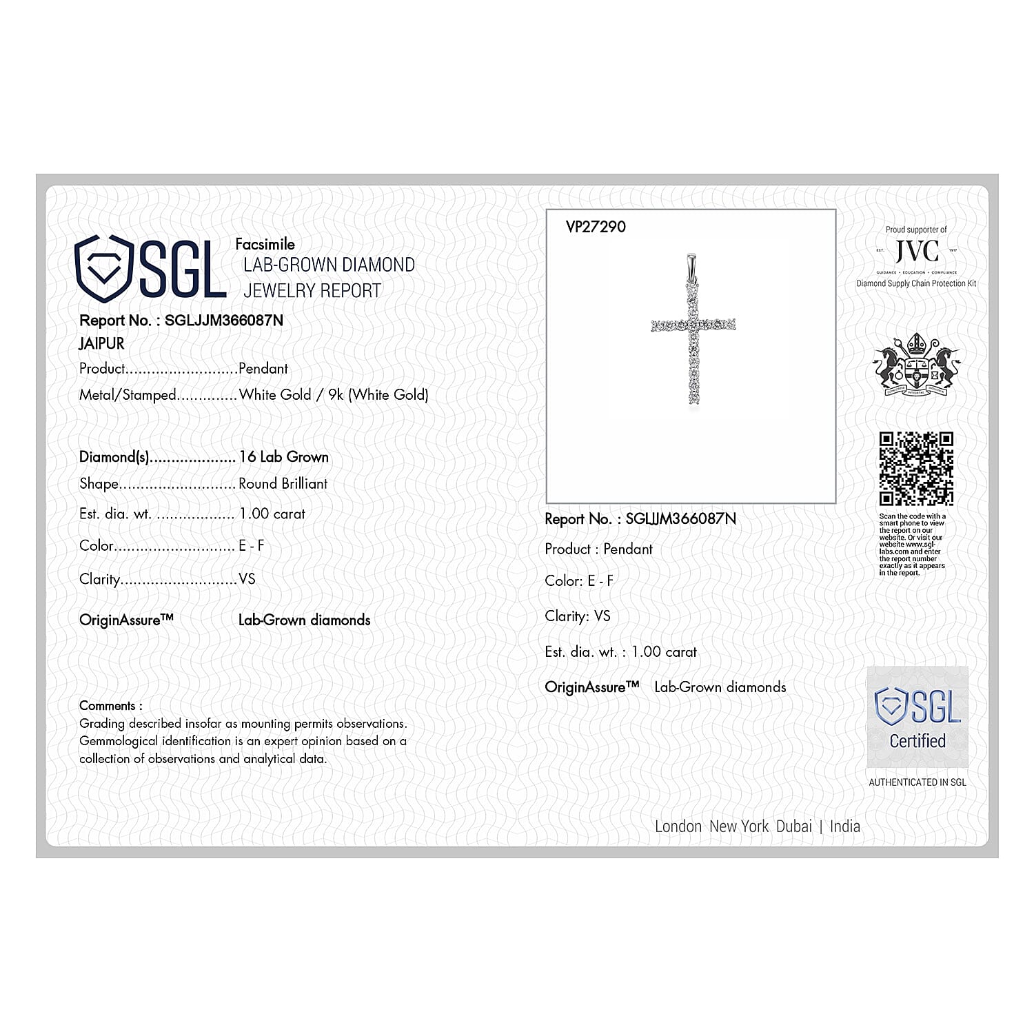 Luxuriant - 9K White Gold SGL Certified Lab Grown Diamond (VS-EF) Cross Pendant 1.01 Ct.