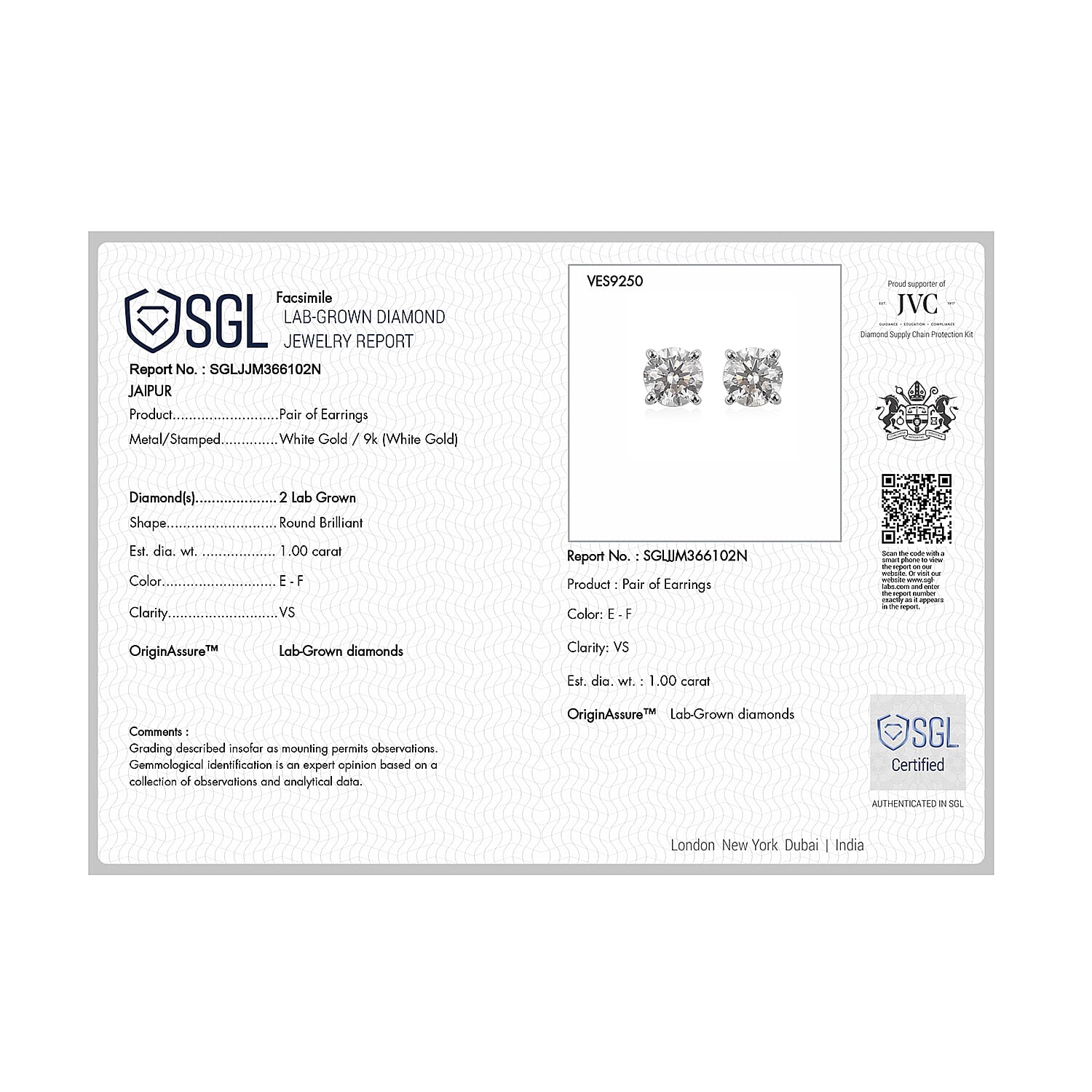 Luxuriant Diamond 9K White Gold SGL Certified Lab Grown Diamond (VS-E-F) Solitaire Stud Push Back Earrings 1.00 Ct.