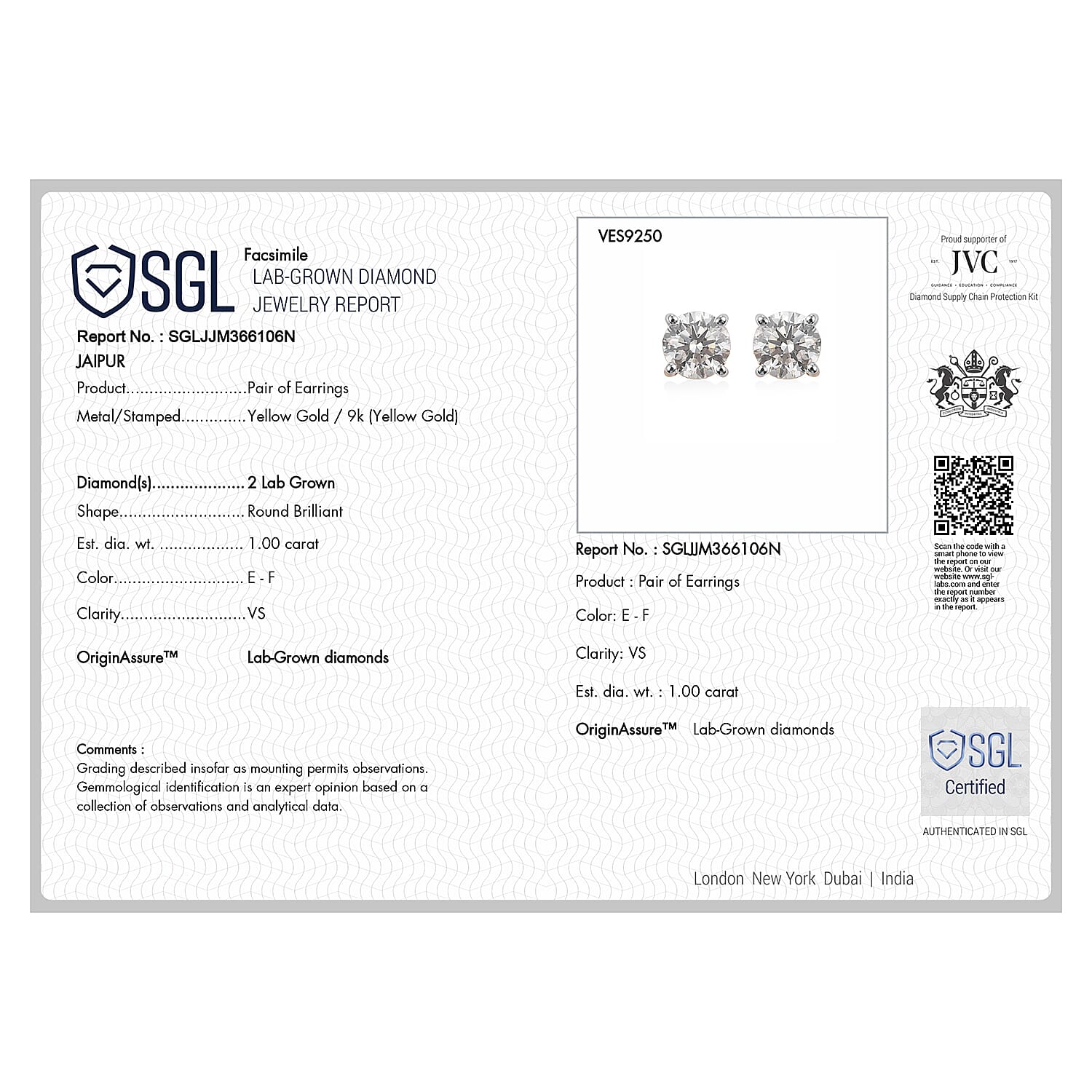 Luxuriant 9K Yellow Gold SGL Certified (VS-EF) Lab Grown Diamond Solitaire Stud with Push Back Earring 1.00 Ct.