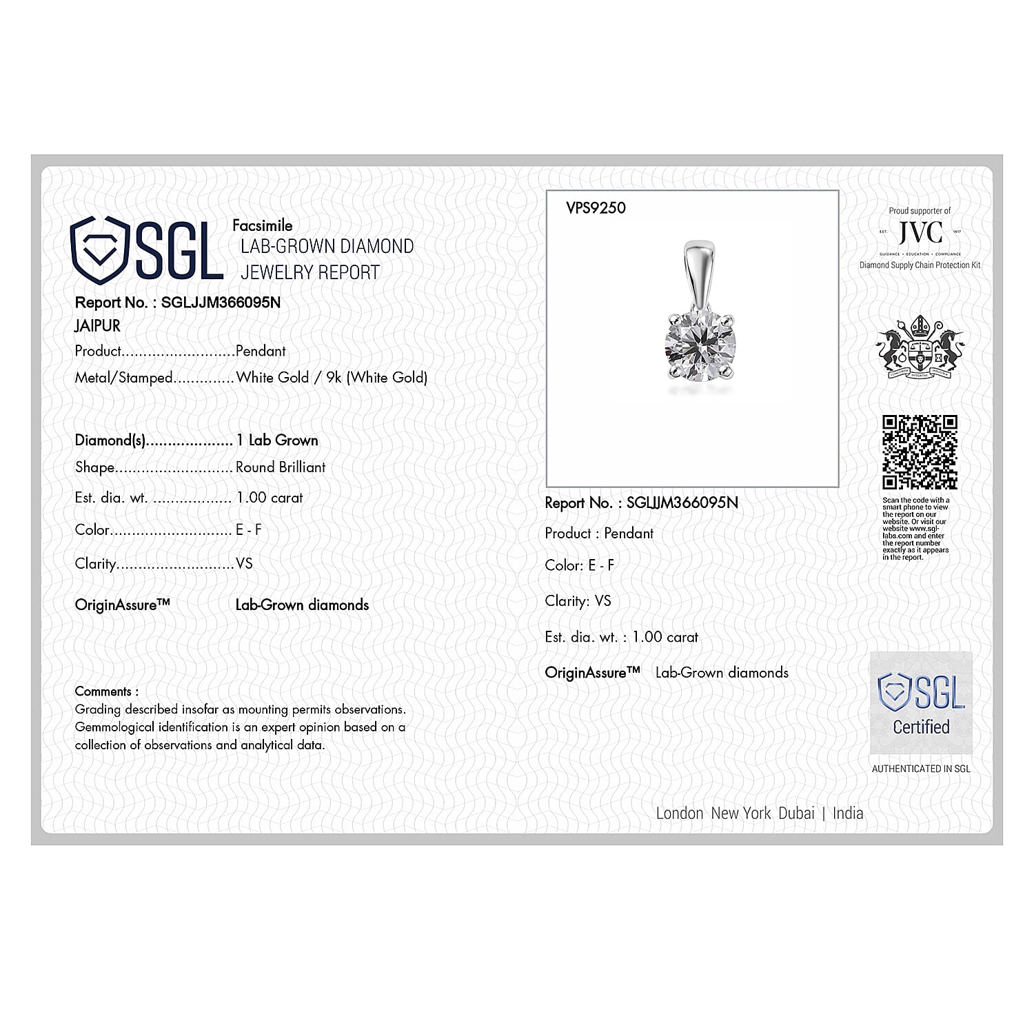 Luxuriant Diamond 9K White Gold SGL Certified Lab Grown Diamond (VS- E-F) Solitaire Pendant 1.01 Ct.