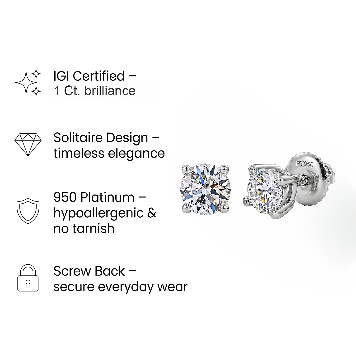 Luxuriant Diamond 950 Platinum SGL Certified Lab Grown Diamond (VS-E/F) Solitaire Stud Earrings with Screw Back 1 Ct.