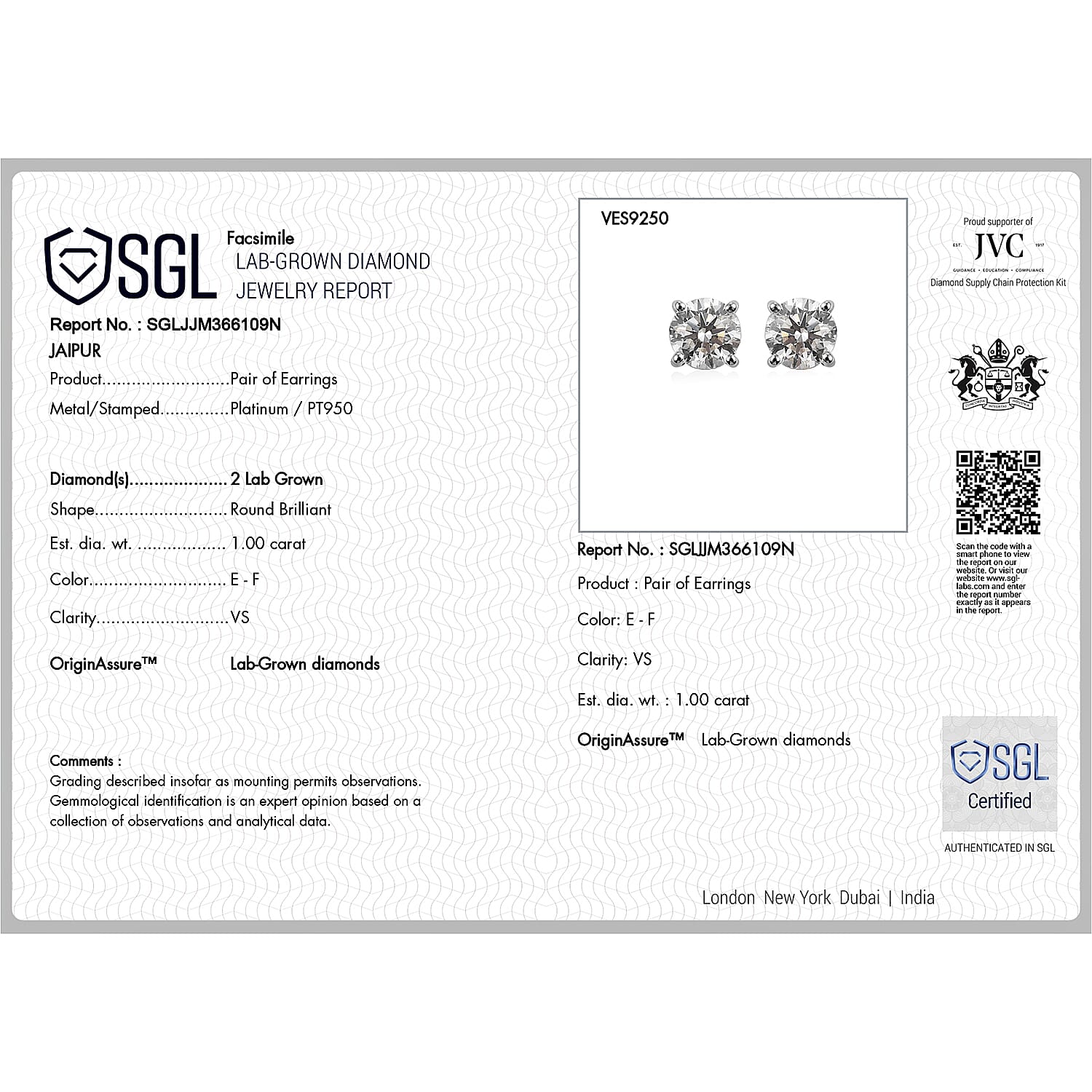 Luxuriant Diamond 950 Platinum SGL Certified Lab Grown Diamond (VS-E/F) Solitaire Stud Earrings with Screw Back 1 Ct.