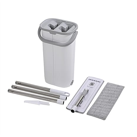 Dual Bucket Flat Head Mop - Easy Squeeze Head Cleaning Compartment PLUS 2 HEADS - White & Grey