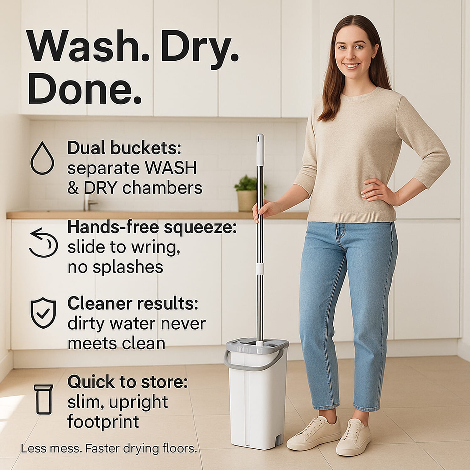 Dual Bucket Flat Head Mop - Easy Squeeze Head Cleaning Compartment PLUS 2 HEADS - White & Grey