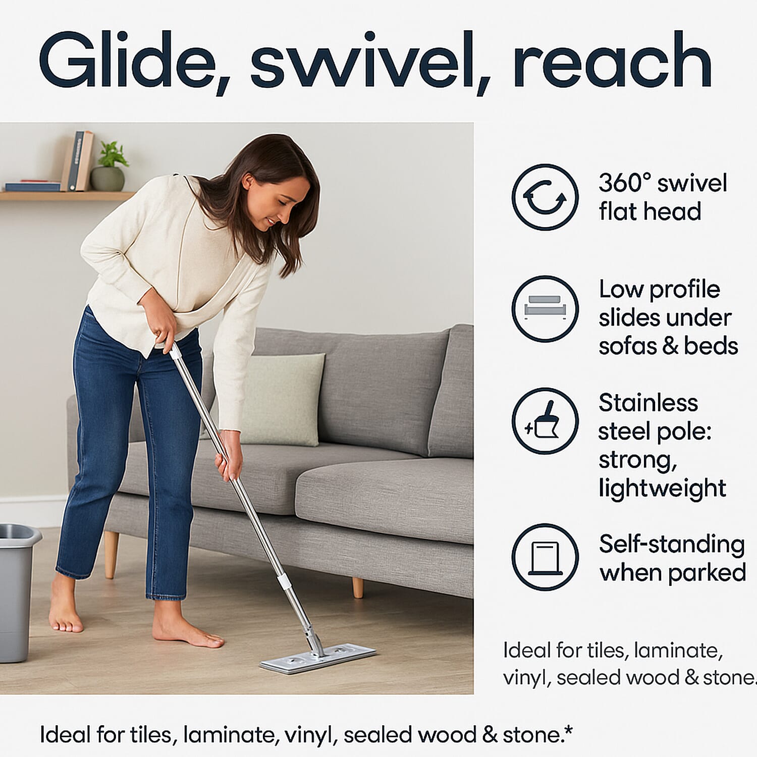 Dual Bucket Flat Head Mop - Easy Squeeze Head Cleaning Compartment PLUS 2 HEADS - White & Grey