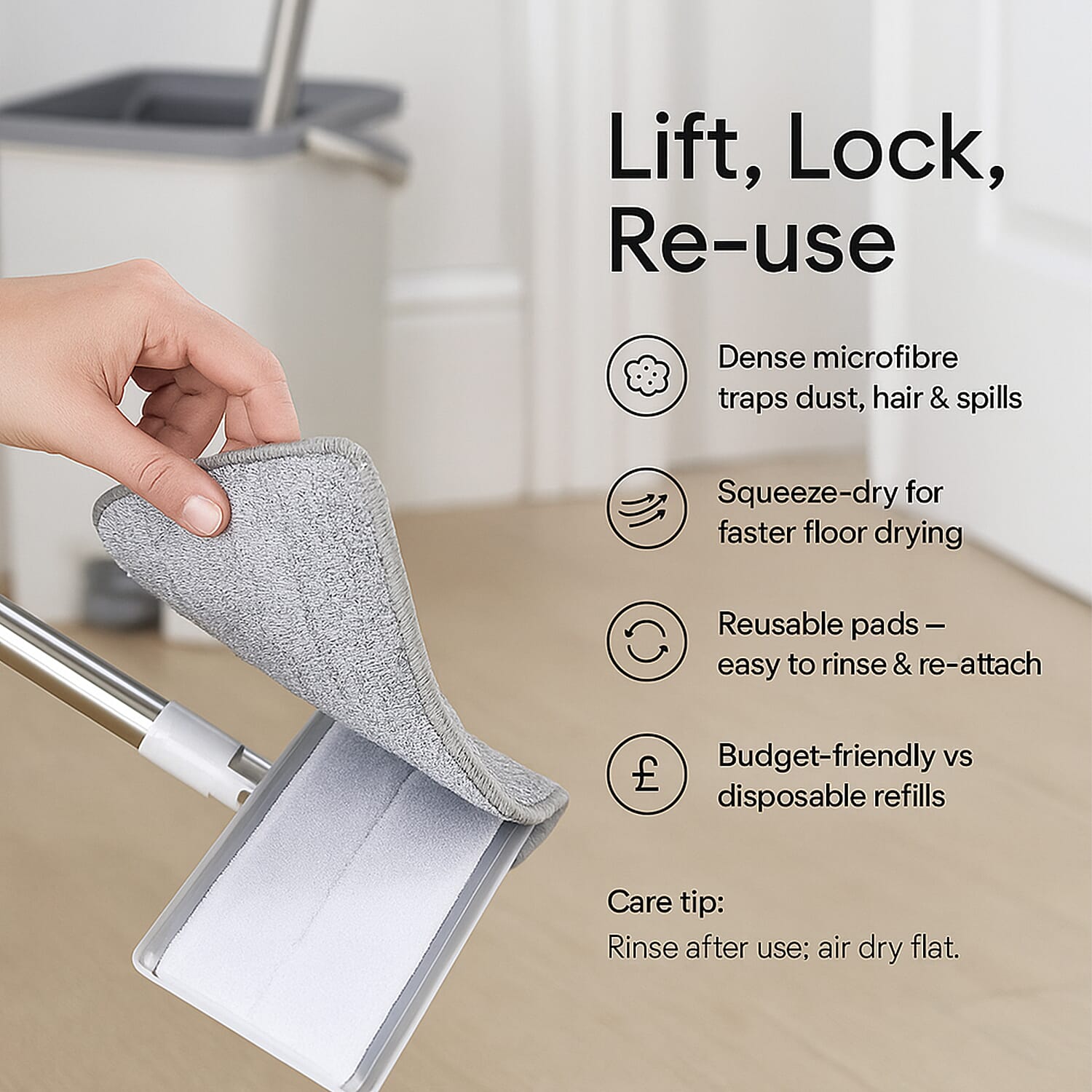 Dual Bucket Flat Head Mop - Easy Squeeze Head Cleaning Compartment PLUS 2 HEADS - White & Grey