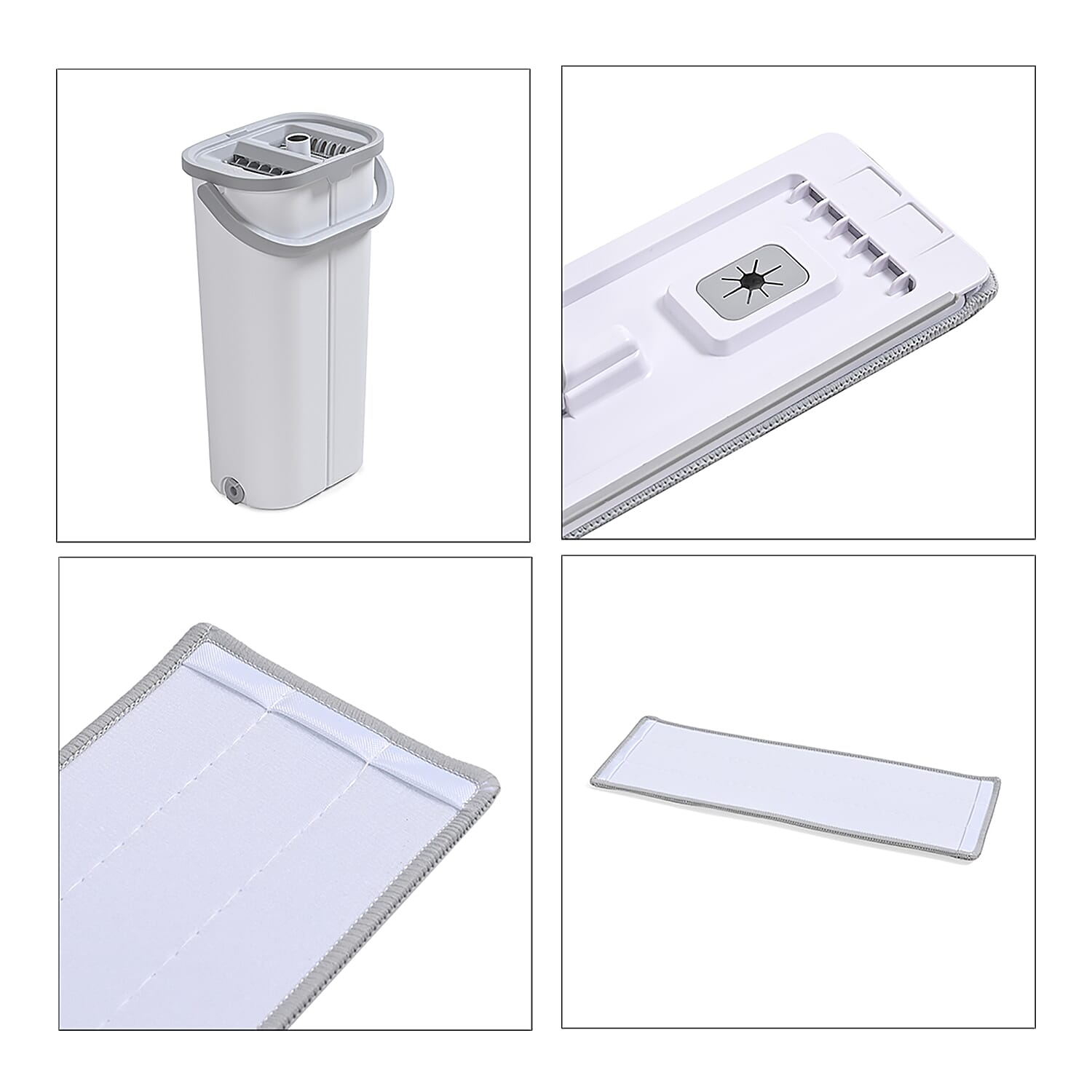 Dual Bucket Flat Head Mop - Easy Squeeze Head Cleaning Compartment PLUS 2 HEADS - White & Grey