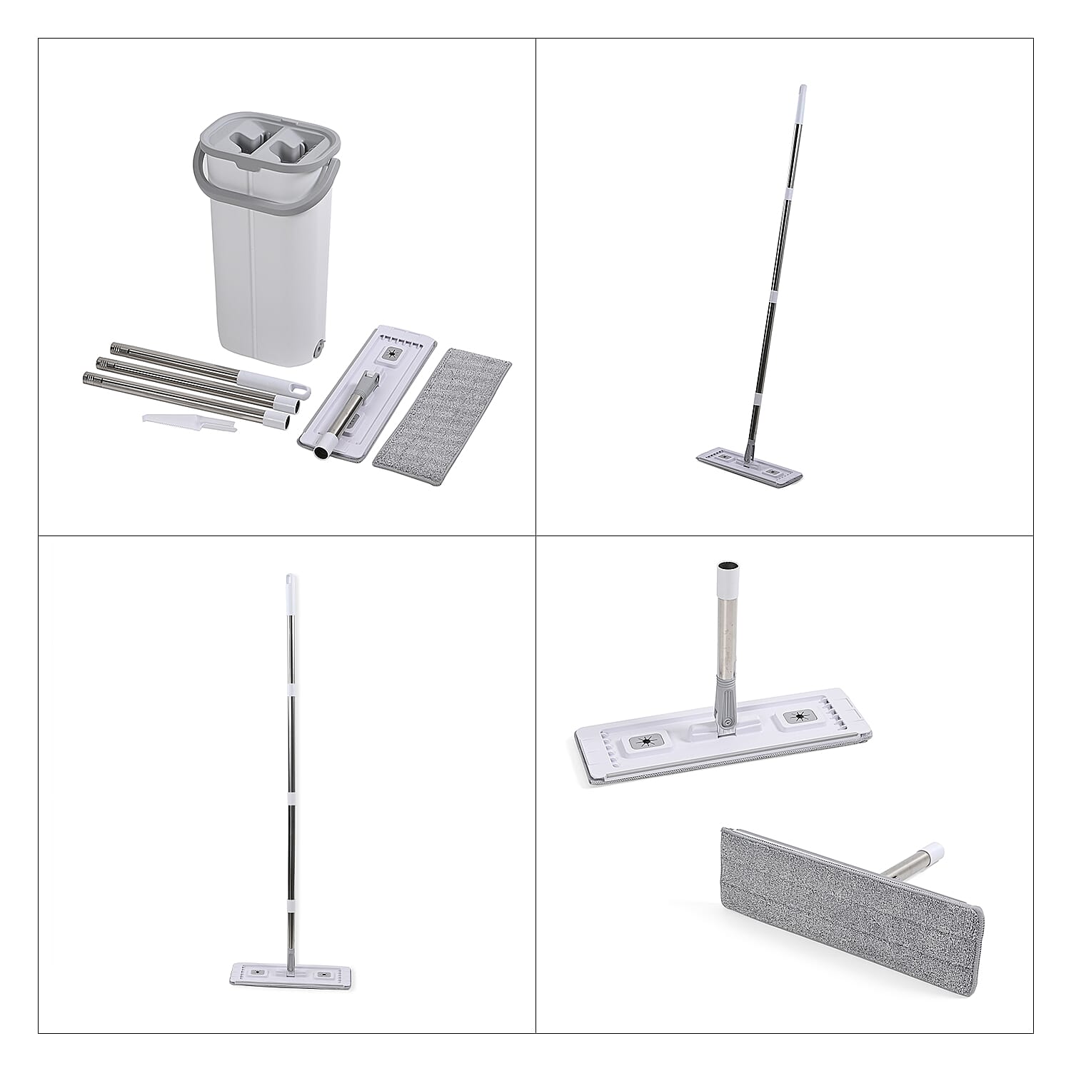 Dual Bucket Flat Head Mop - Easy Squeeze Head Cleaning Compartment PLUS 2 HEADS - White & Grey