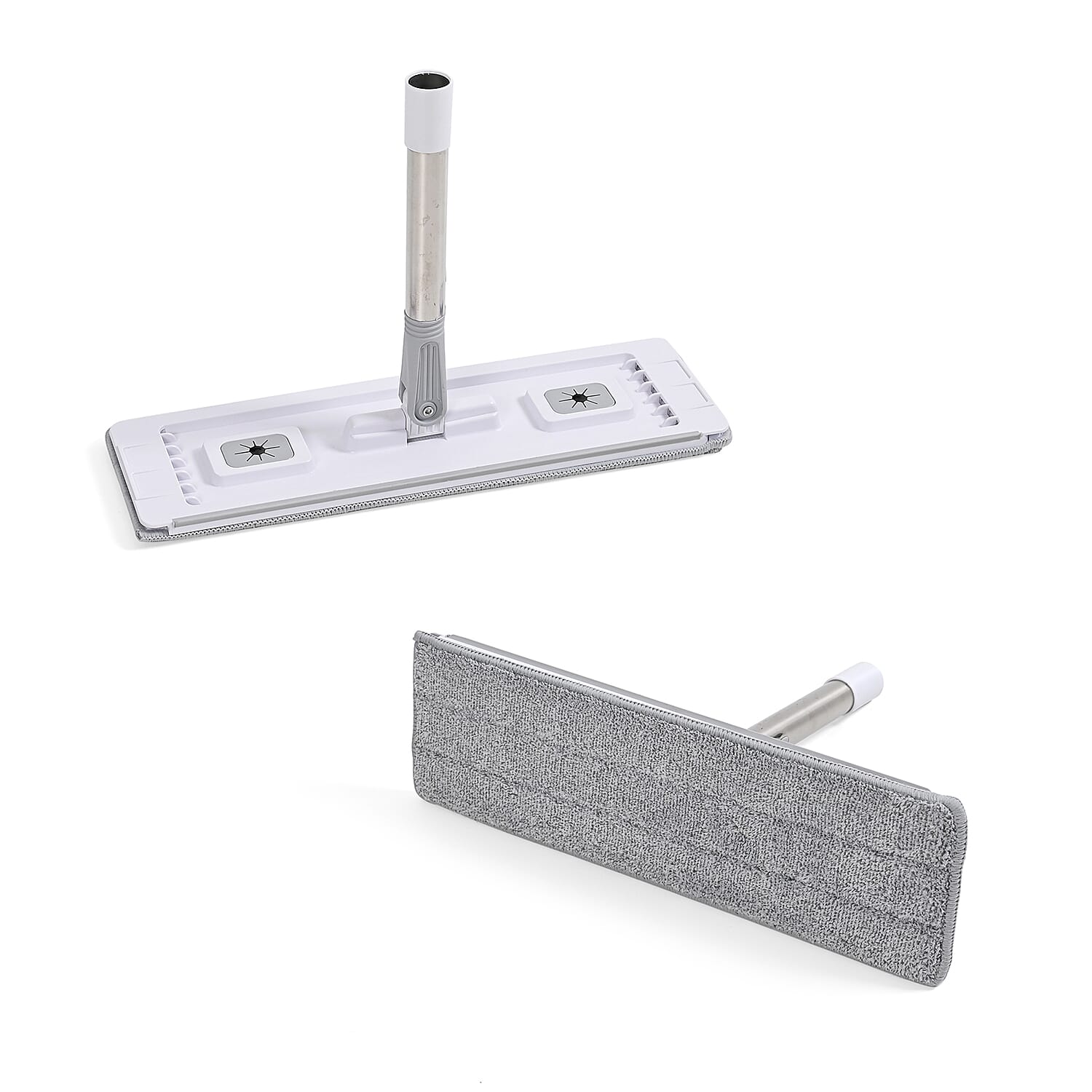 Dual Bucket Flat Head Mop - Easy Squeeze Head Cleaning Compartment PLUS 2 HEADS - White & Grey Dual Bucket Flat Head Mop - Easy Squeeze Head Cleaning Compartment PLUS 2 HEADS - White & Grey