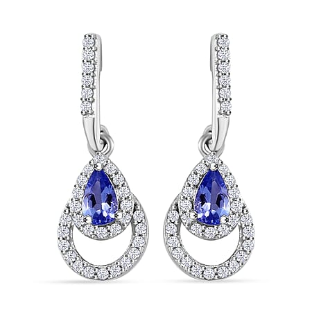 Premium Tanzanite, White Zircon Dangling Halo Earrings in Rhodium Overlay Sterling Silver 1.01 ct