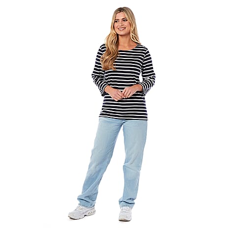 La Marey Cotton Thin Stripe 3-4 Length Sleeve Top (Size 12) - Navy