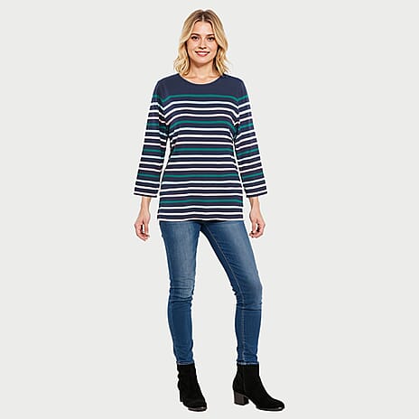 100% Cotton Multi Thin Stripe 3-4 Length Sleeve Top (Size 14) - Navy