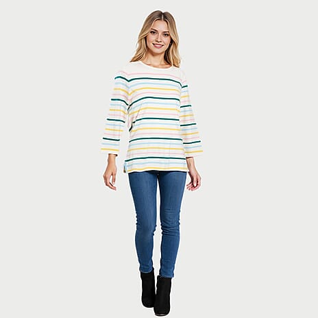 100% Cotton Multi Thin Stripe 3-4 Length Sleeve Top (Size 14) - White
