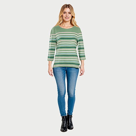 Charlotte West 100% Cotton Yarn Dyed Multi Thin Stripe 3-4 Length Sleeve Top (Size 18) - Green