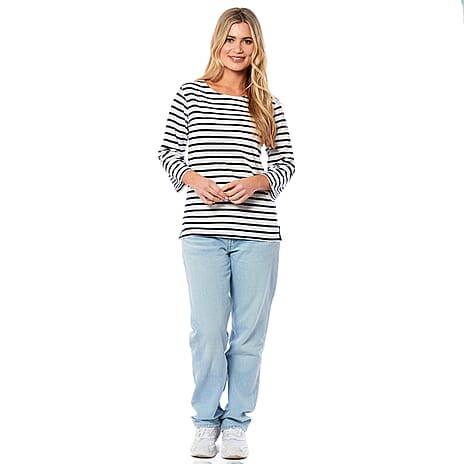 Charlotte West 100% Cotton Thin Stripe 3-4 Sleeve Top (Size 12) - Blue