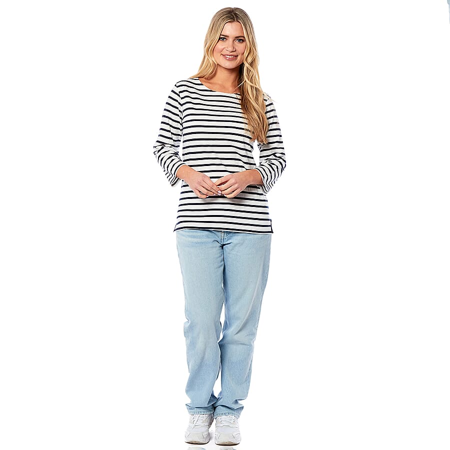 100% Cotton Thin Stripe 3-4 Sleeve Casual Top (Size 12) - Blue