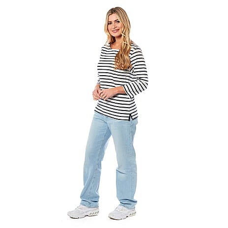 100% Cotton Thin Stripe 3-4 Sleeve Casual Top (Size 18) - Blue