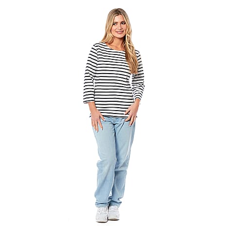 100% Cotton Thin Stripe 3-4 Sleeve Casual Top (Size 18) - Blue