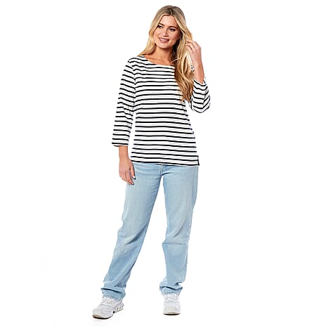 100% Cotton Thin Stripe 3-4 Sleeve Casual Top (Size 18) - Blue
