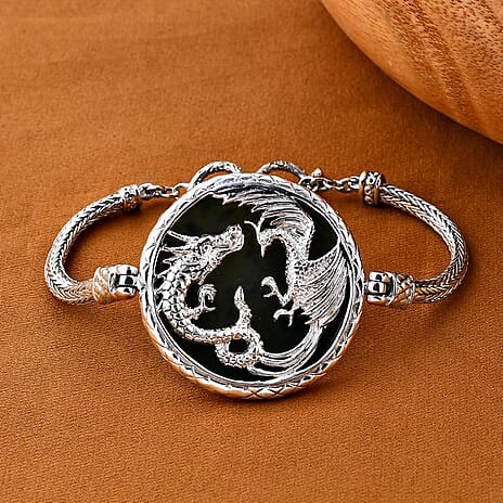 Royal Bali Collection - Extremely Rare - Guatemala Natural Type A Olmec Jade Bracelet With T Bar Clasp (Size - 8) Sterling Silver 61.5 Ct Silver wt. 24.8 gm