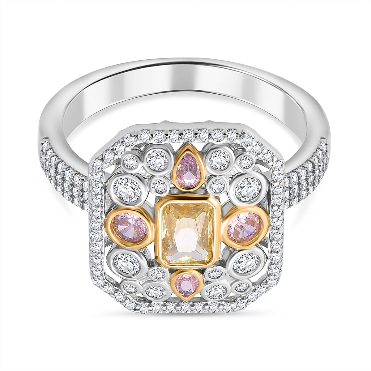 Designer Inspired Closeout - Pink, Yellow & White Cubic Zirconia Ring in Rhodium Overlay Sterling Silver 3.01 Ct