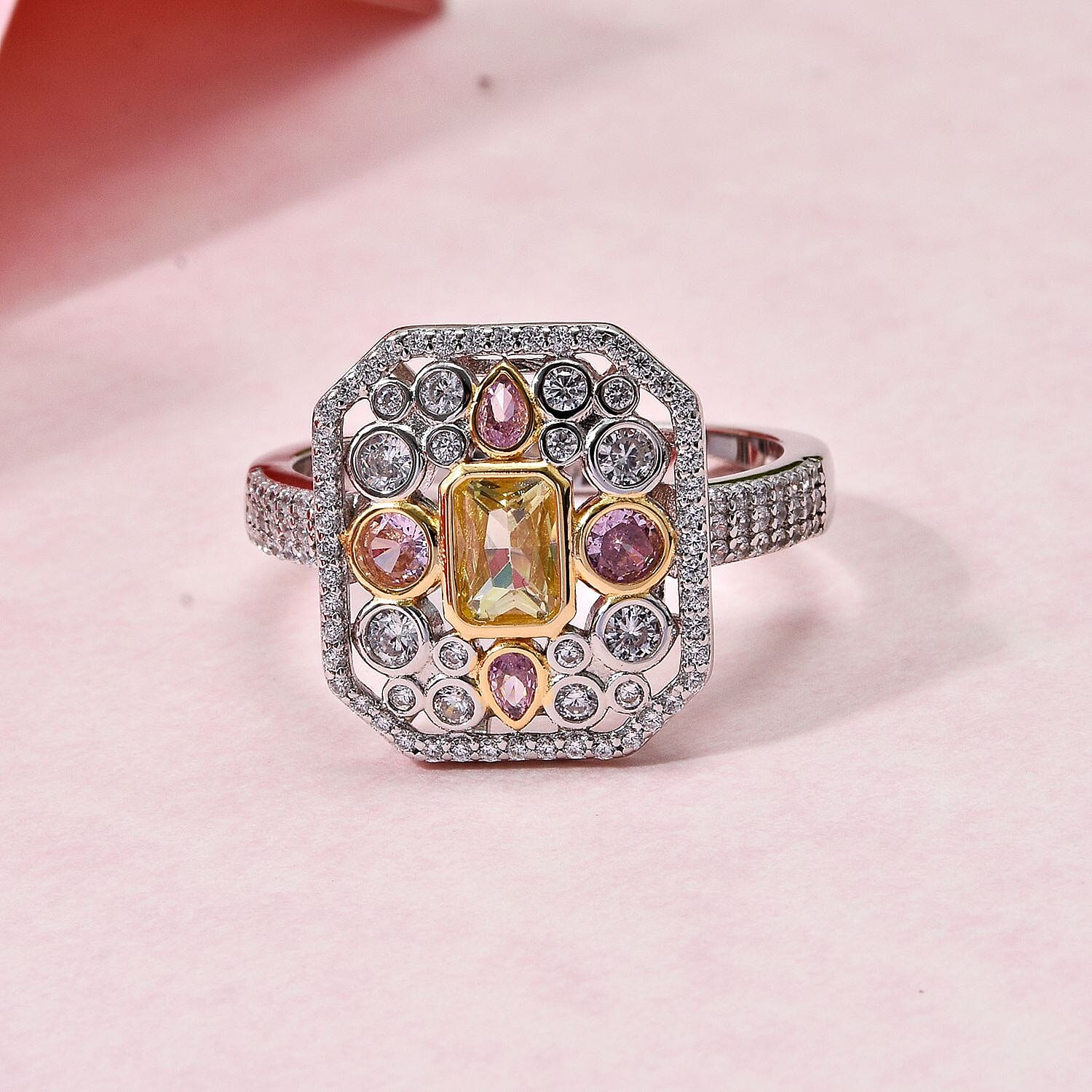 Designer Inspired Closeout - Pink, Yellow & White Cubic Zirconia Ring in Rhodium Overlay Sterling Silver 3.01 Ct