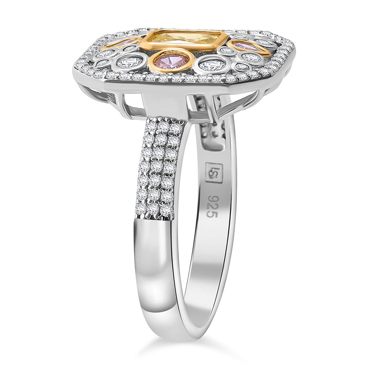 Designer Inspired Closeout - Pink, Yellow & White Cubic Zirconia Ring in Rhodium Overlay Sterling Silver 3.01 Ct