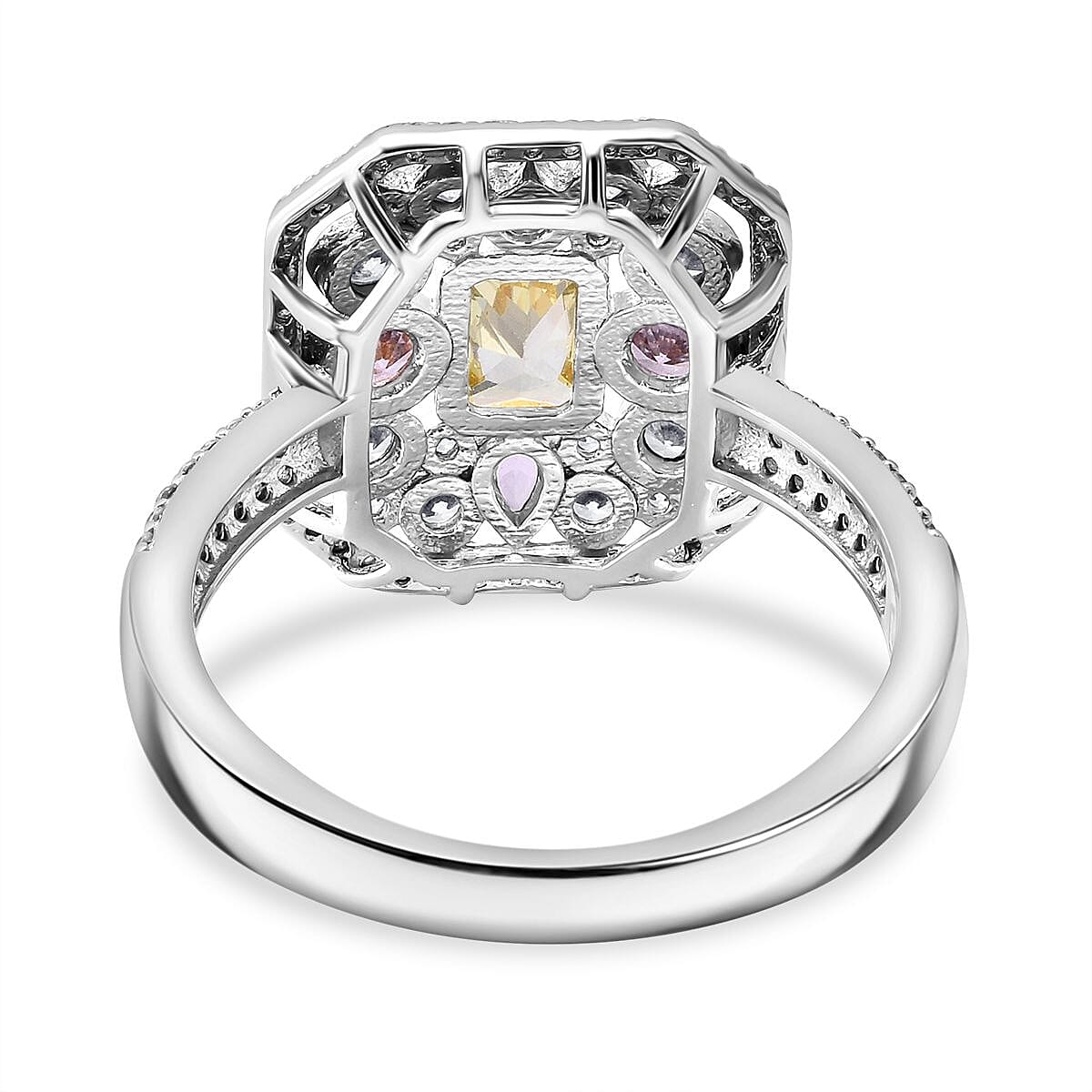 Designer Inspired Closeout - Pink, Yellow & White Cubic Zirconia Ring in Rhodium Overlay Sterling Silver 3.01 Ct