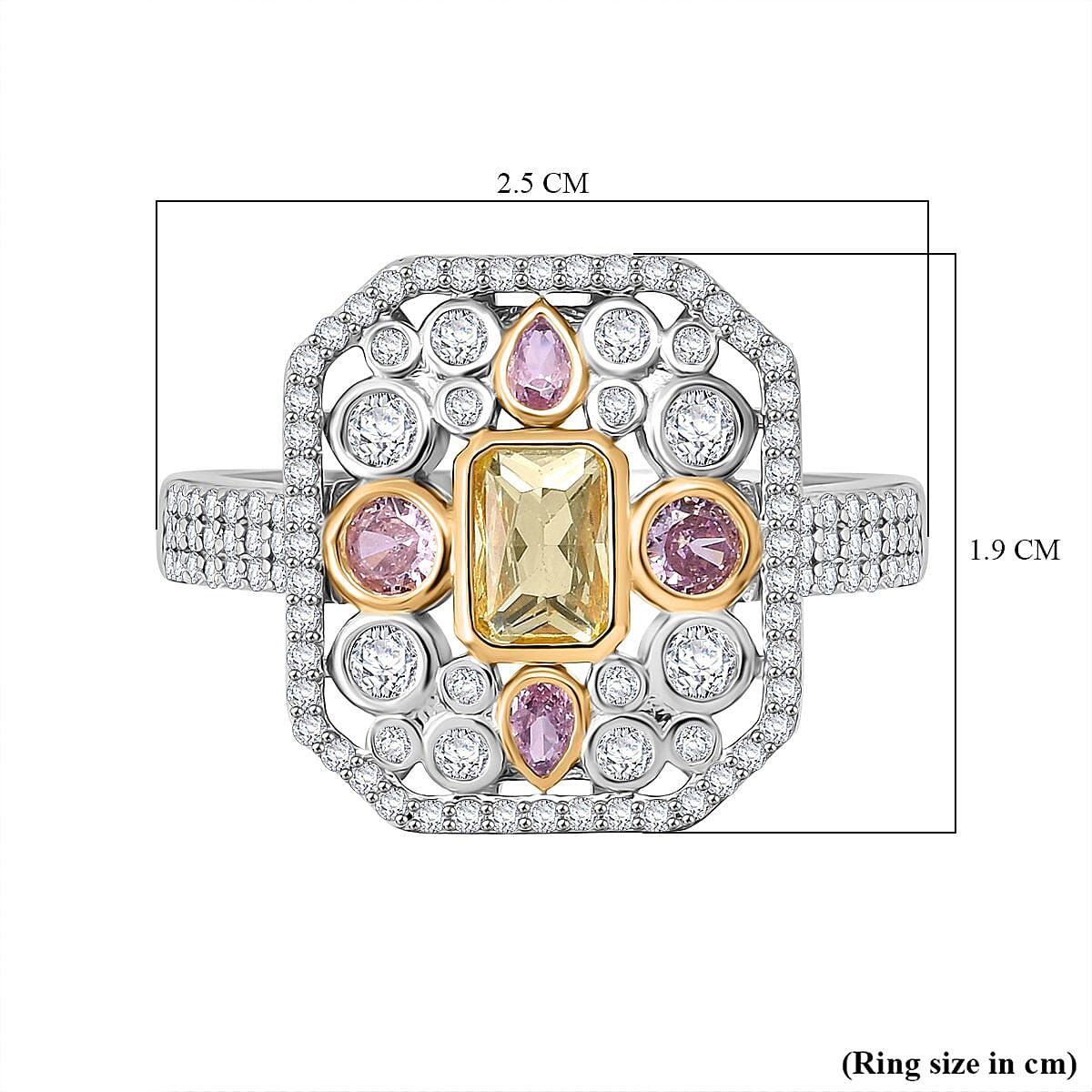 Designer Inspired Closeout - Pink, Yellow & White Cubic Zirconia Ring in Rhodium Overlay Sterling Silver 3.01 Ct