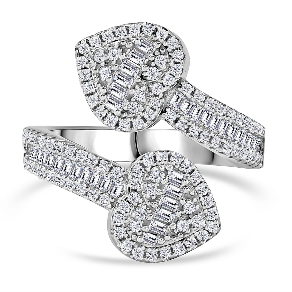 White Cubic Zirconia Heart Cuff Ring in Rhodium Overlay Sterling Silver 1.82 ct.