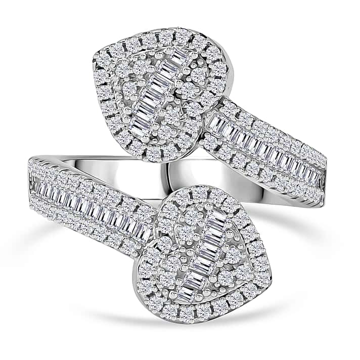 White Cubic Zirconia Heart Cuff Ring in Rhodium Overlay Sterling Silver 1.82 ct.