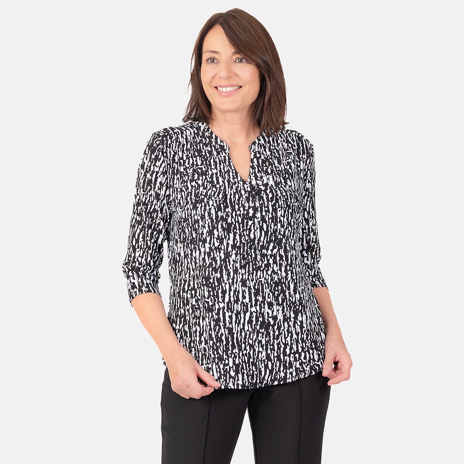 Classic Abstract Pattern Mandarin Collar Blouse (Size 12) - Black