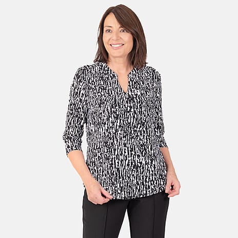 Classic Abstract Pattern Mandarin Collar Blouse (Size 10) - Black