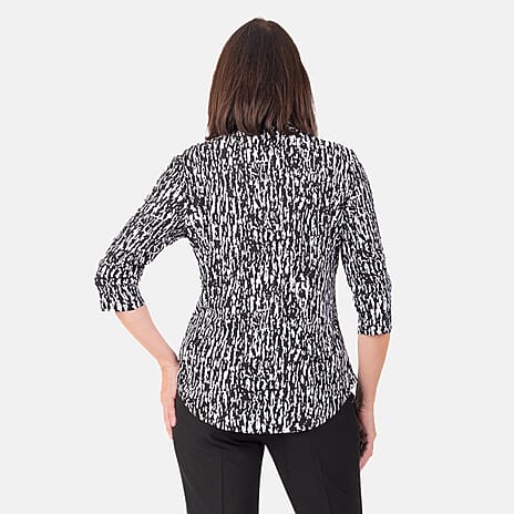 Classic Abstract Pattern Mandarin Collar Blouse (Size 10) - Black