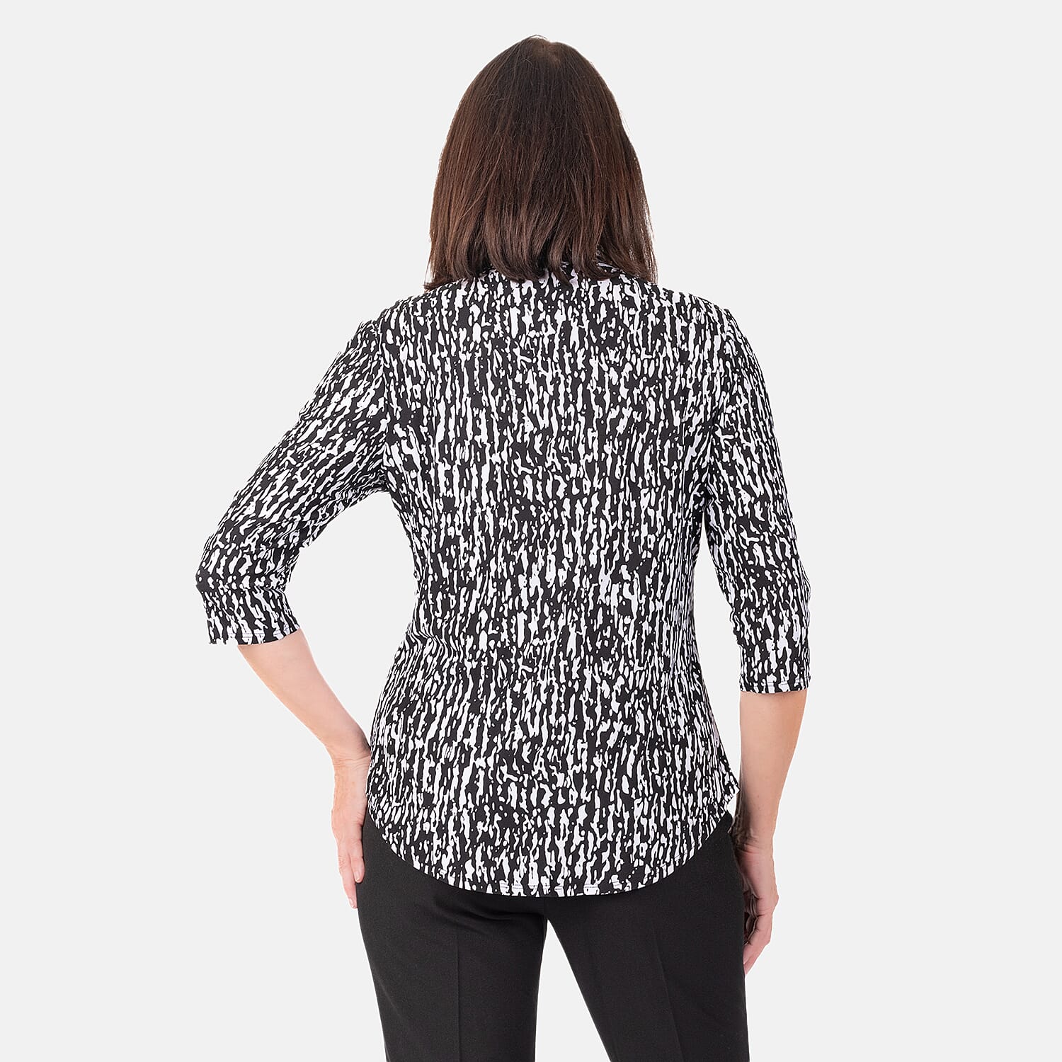 Classic Abstract Pattern Mandarin Collar Blouse (Size 20) - Black