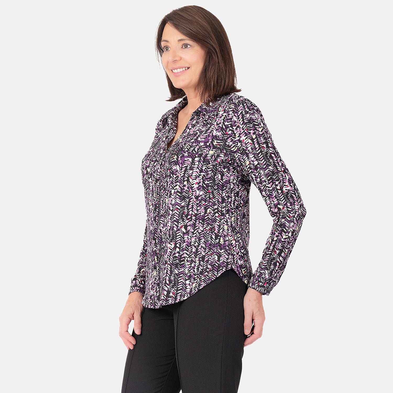 Classic Abstract Pattern Button Front Shirt with Collar (Size 12) - Purple