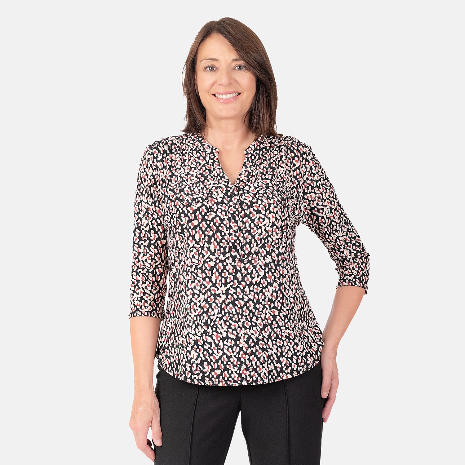 Classic Animal Pattern 3 Quarter Sleeves Blouse (Size 10) - Beige