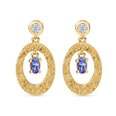 Tanzanite, White Zircon Dangle Drop Earrings in 18K Yellow Gold Vermeil Plated Sterling Silver