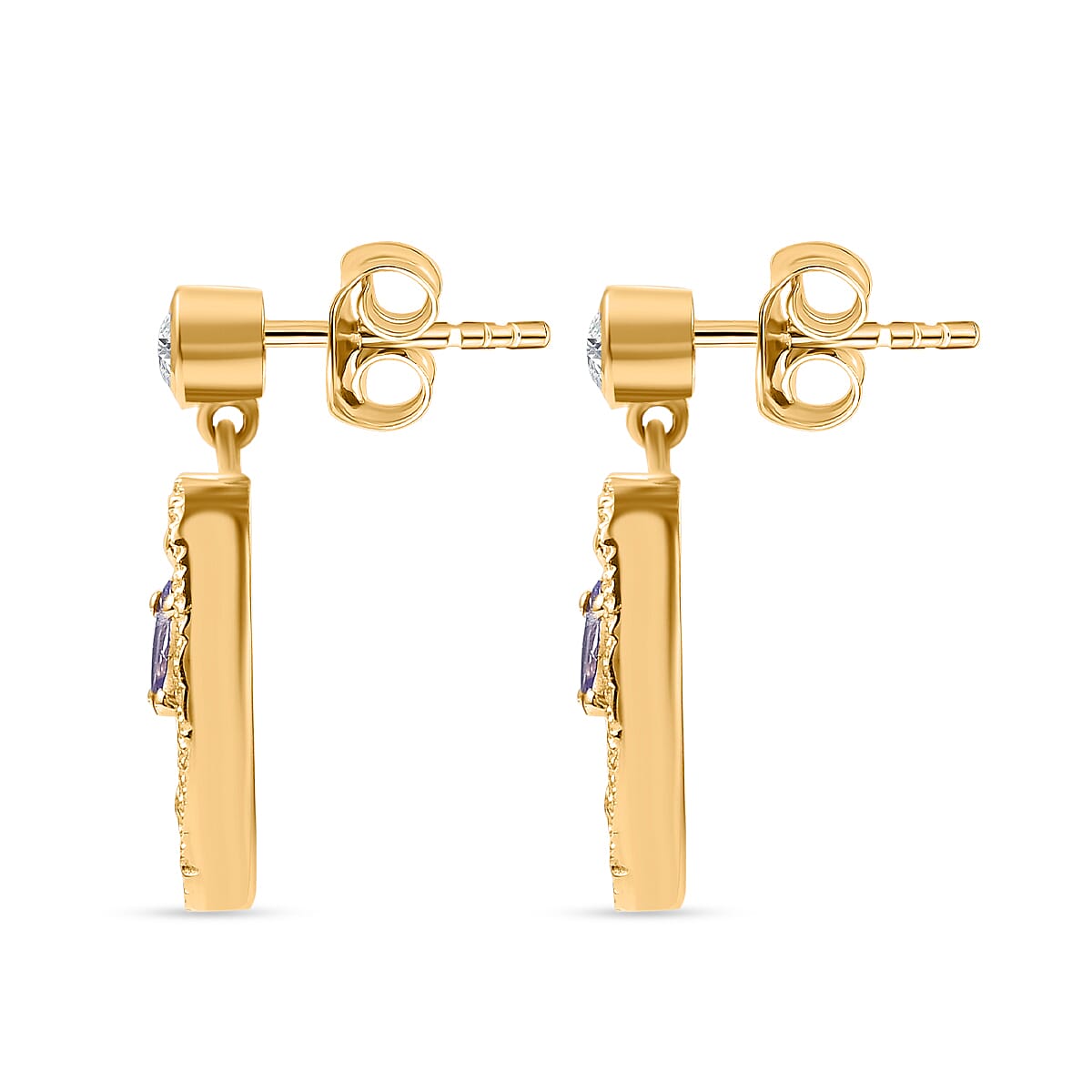 Tanzanite & White Zircon Solitaire Stud Push Post Earring in 18K Vermeil Yellow Gold Plated Sterling Silver Tanzanite & White Zircon Solitaire Stud Push Post Earring in 18K Vermeil Yellow Gold Plated Sterling Silver