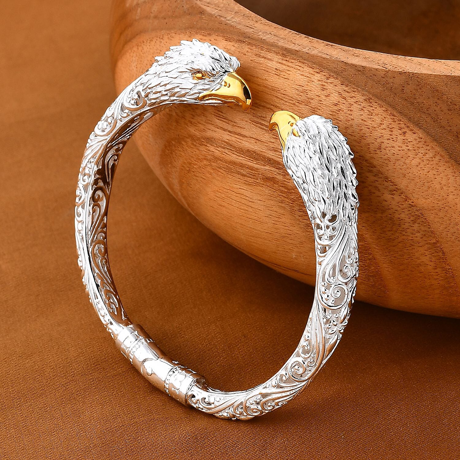 Royal Bali Collection  - 22K Vermeil Yellow Gold Over and Sterling Silver Garuda- Eagle Bangle (Size 7.5) Silver wt 33.3 Gms