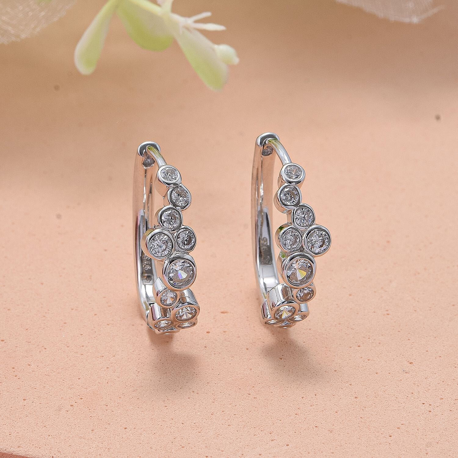 White Cubic Zirconia Hoop Earring in Rhodium Overlay Sterling Silver 2.02 Ct.