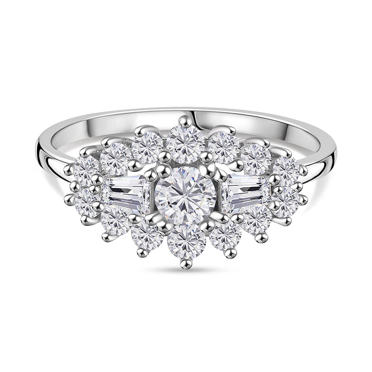 White Cubic Zirconia Boat Ring in Rhodium Overlay Sterling Silver 1.41 Ct.
