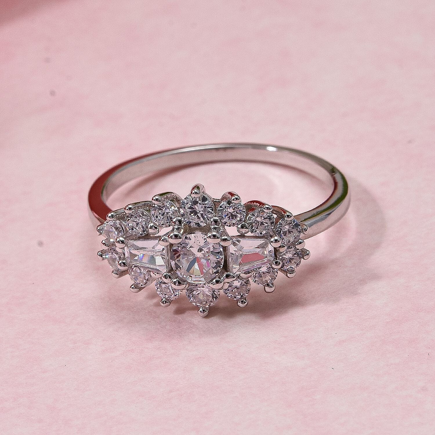 White Cubic Zirconia Boat Ring in Rhodium Overlay Sterling Silver 1.41 Ct.