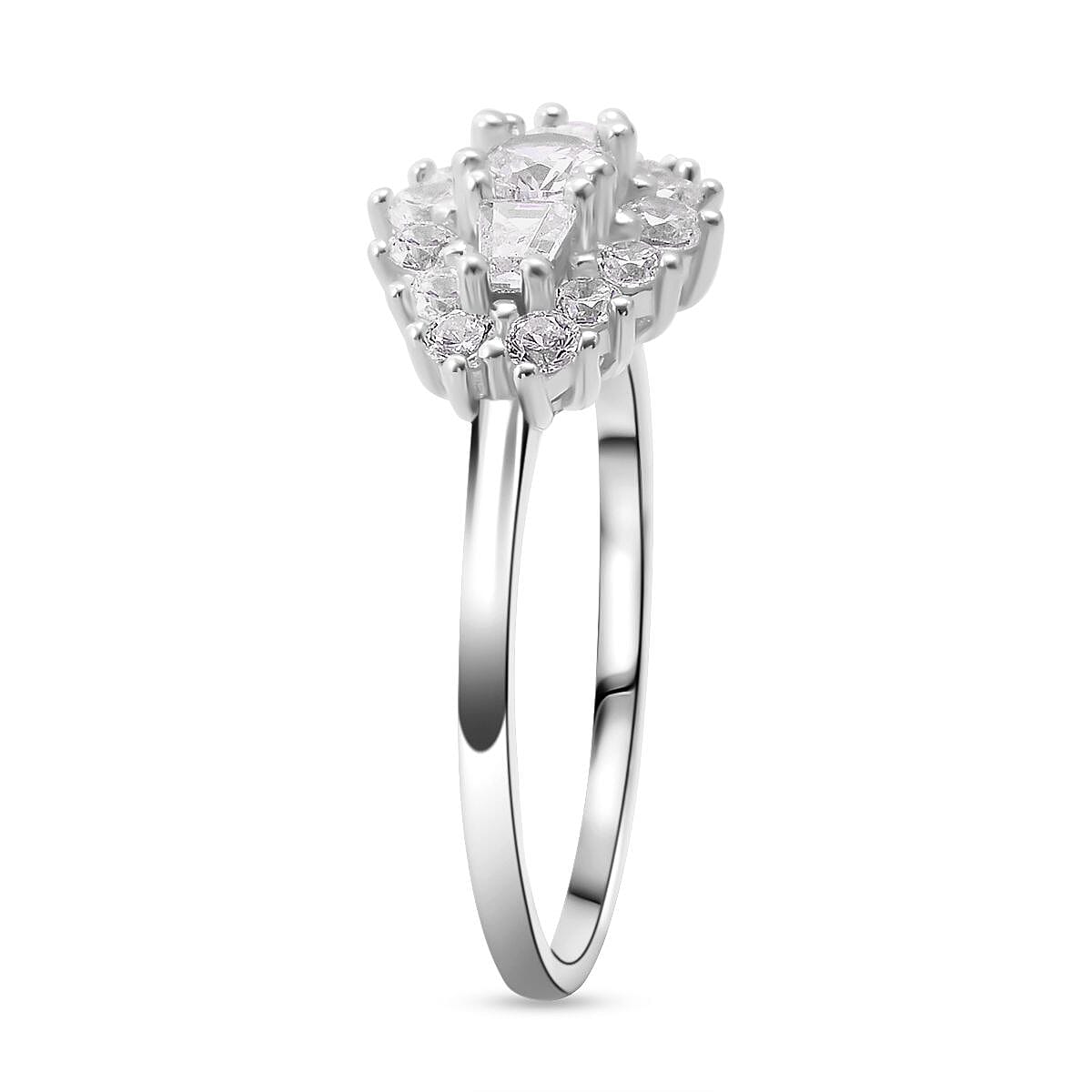 White Cubic Zirconia Boat Ring in Rhodium Overlay Sterling Silver 1.41 Ct.