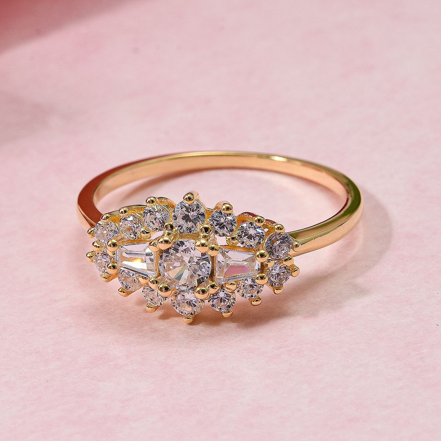 White Cubic Zirconia Boat Ring in Yellow Gold Plating Sterling Silver 1.41 Ct.