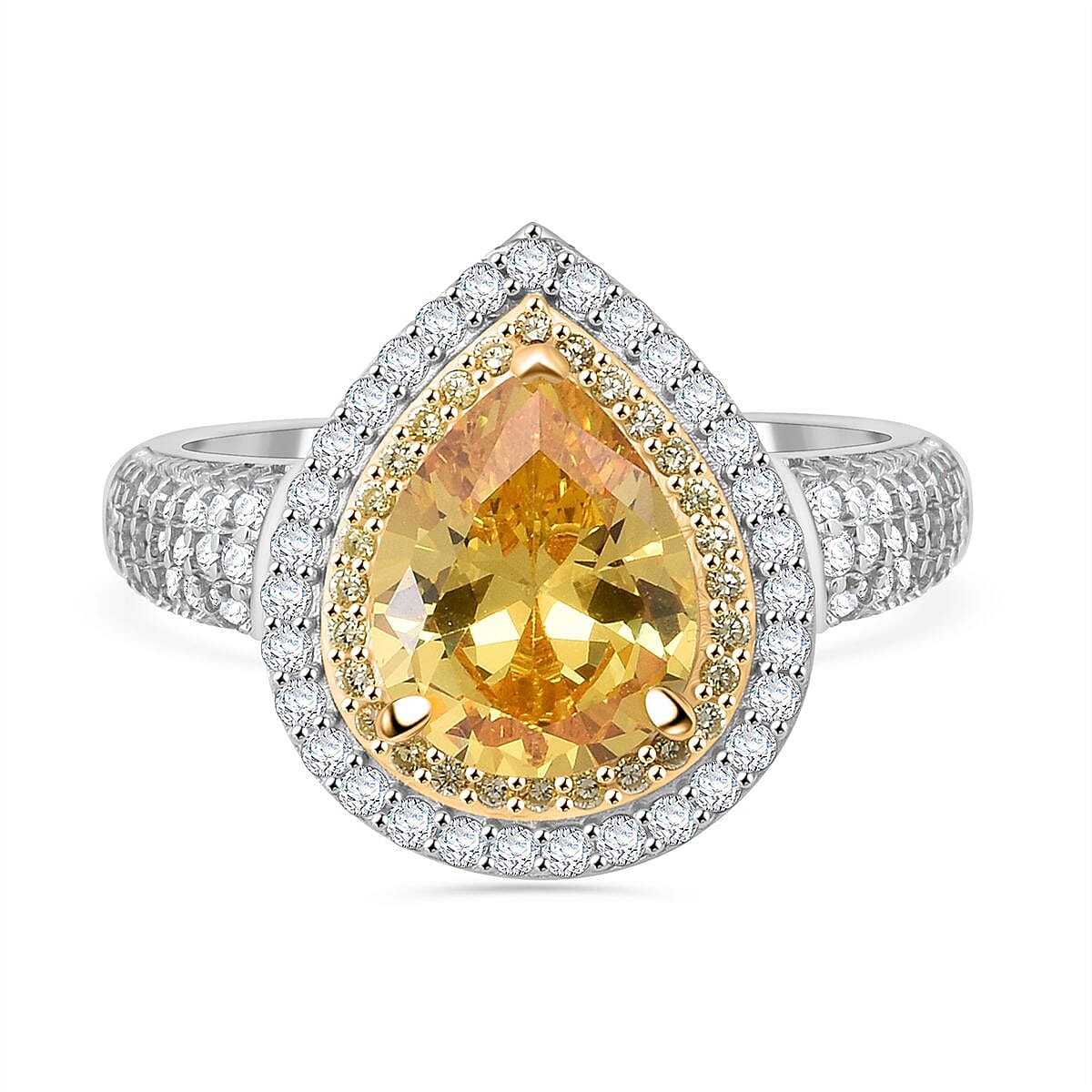 Canary Yellow Cubic Zirconia, White Cubic Zirconia Ring in Rhodium Overlay Sterling Silver