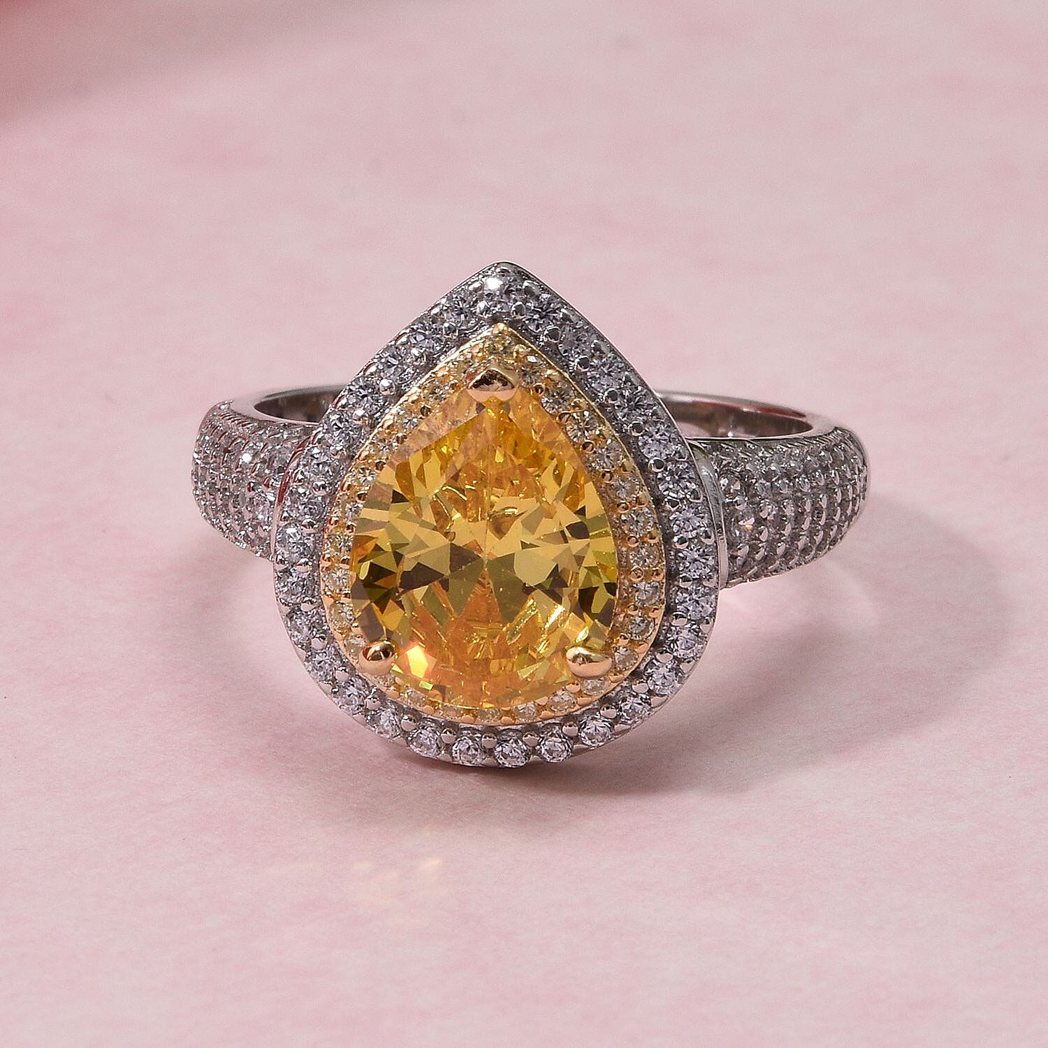 Canary Yellow Cubic Zirconia, White Cubic Zirconia Ring in Rhodium Overlay Sterling Silver