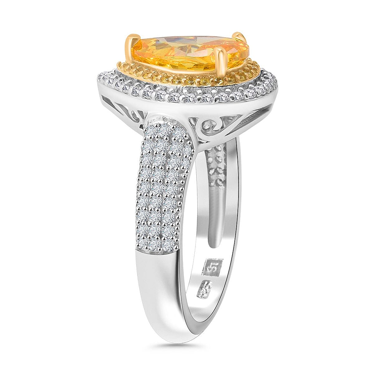 Canary Yellow Cubic Zirconia, White Cubic Zirconia Ring in Rhodium Overlay Sterling Silver