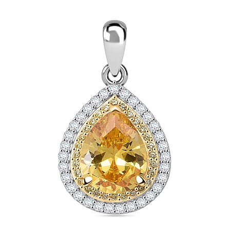 Yellow Cubic Zirconia, White Cubic Zirconia Double Halo Pendant in Rhodium Overlay Sterling Silver 4.71 ct.