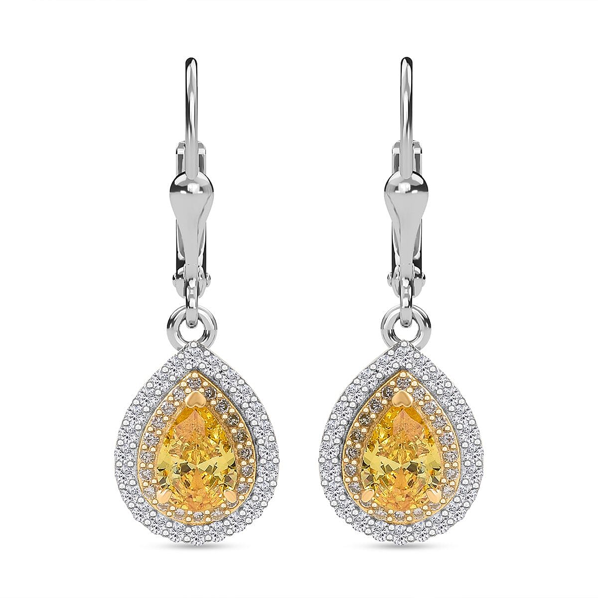 Yellow Cubic Zirconia, White Cubic Zirconia Lever Back Earring in Rhodium Overlay Sterling Silver 3.53 Ct.